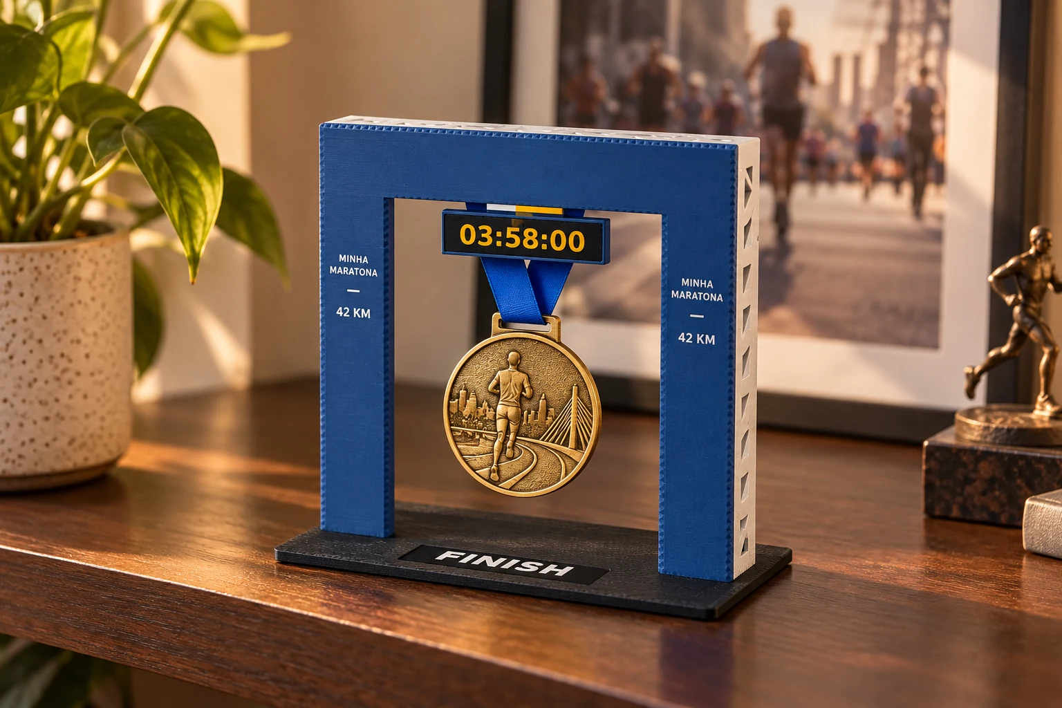 Prévia ilustrativa do porta-medalha FINISH personalizado com uma medalha exposta em uma estante